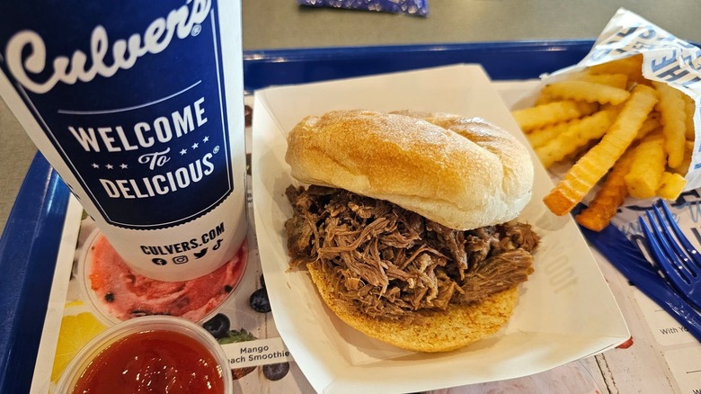 Culver's Beef Pot Roast sandwich, drink, and fries.