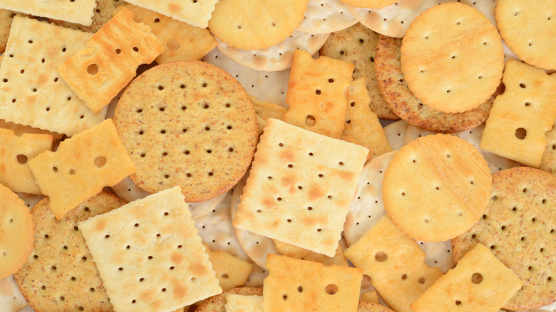 Various crackers in a pile.