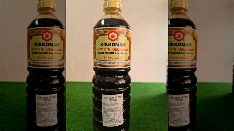 bottle of usukuchi shoyu on green table