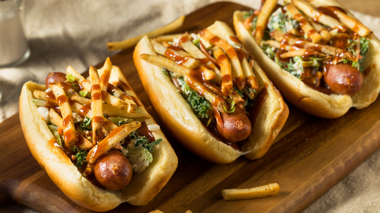 Cleveland Polish Boy hot dogs with fries and barbecue sauce