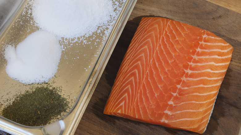 salmon filet with salt sugar and spices
