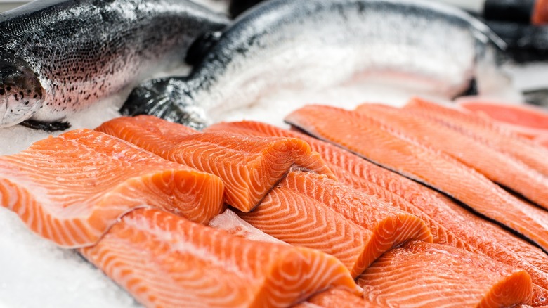 Fresh salmon filets on bed of ice