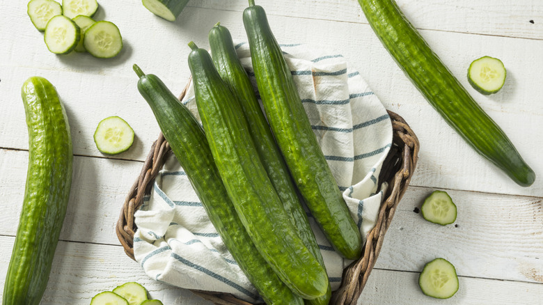 English cucumbers cut and arranged in a basket