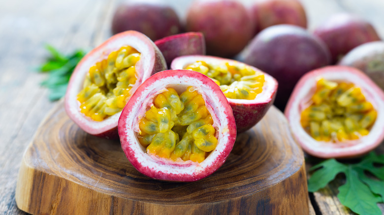 Passion fruit cut in half.