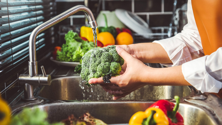 Person rinsing broccoli in kitchen sink