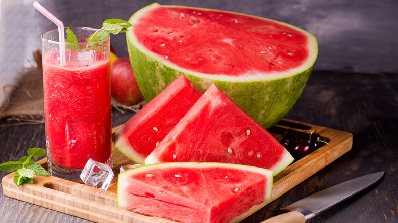 watermelon slices and glass of juice