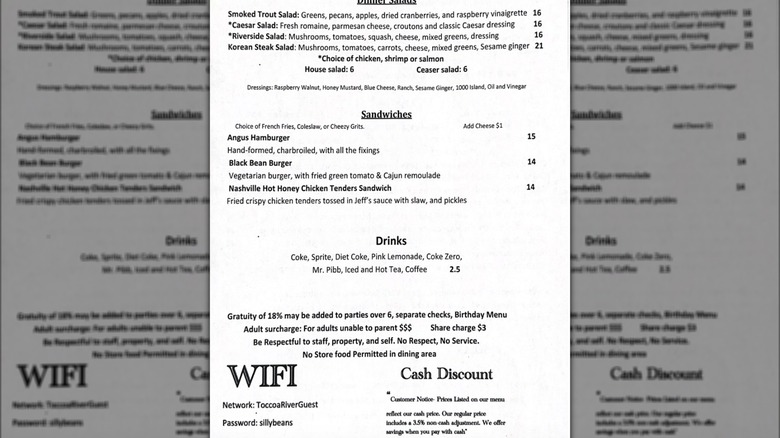 Toccoa Riverside Restaurant's menu