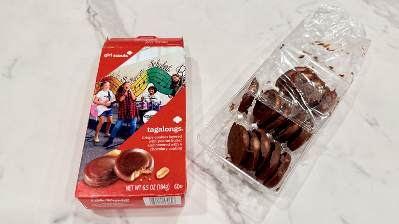 An open package of Girl Scout Tagalongs on a counter