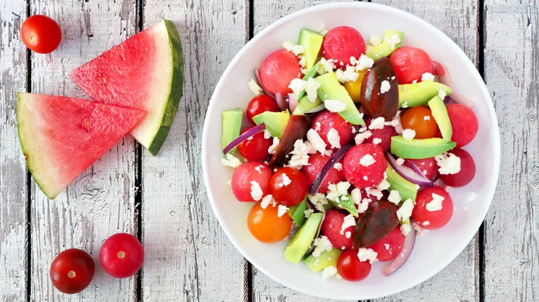 watermelon, tomato, and avocado salad
