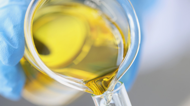 Food scientist pouring oil