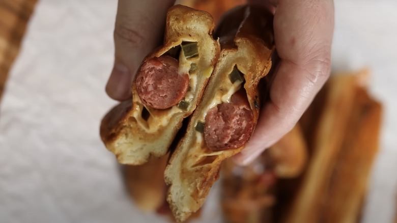 Halved grilled cheese hot dog