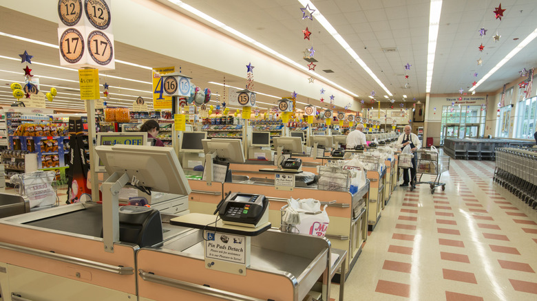 pictured shopping registers inside Market Basket