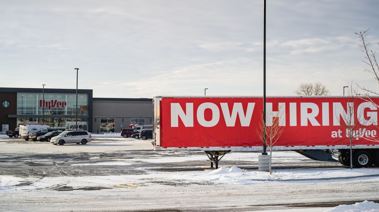 A Hy-Vee transport trailer advertising jobs