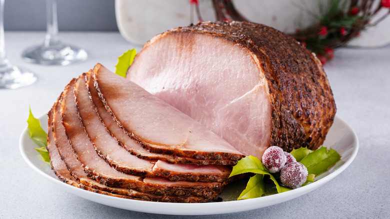 sliced roasted ham on a plate 
