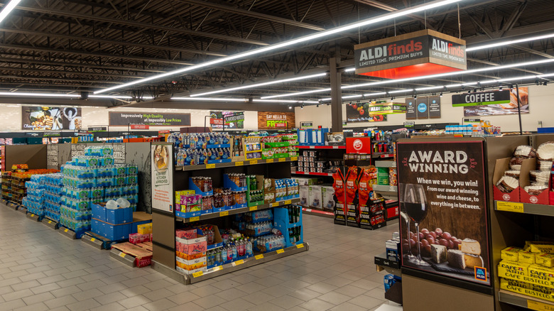 The interior of an Aldi grocery store with empty snack aisles