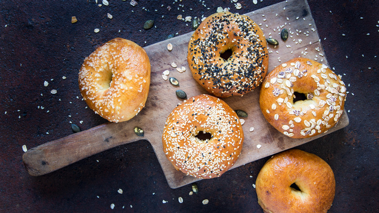 Bagels on wooden board