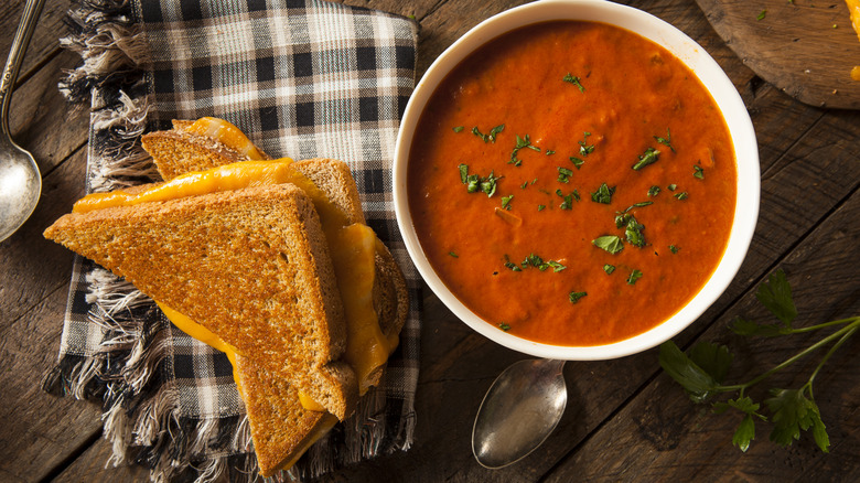 Grilled cheese sandwich and a bowl of tomato soup