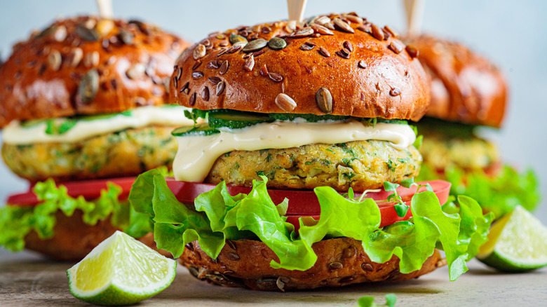 Assortment of veggie burgers with seedy buns