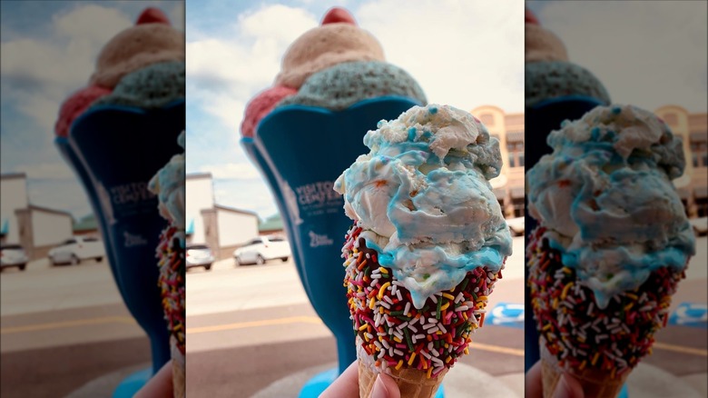 Ice cream cone in front of ice cream statue