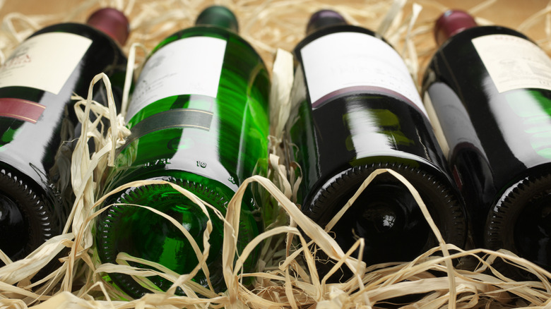 Wine bottles lying down showing bottom indent or punt