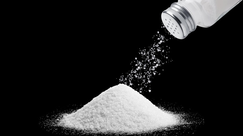 Salt shaker and pile of salt