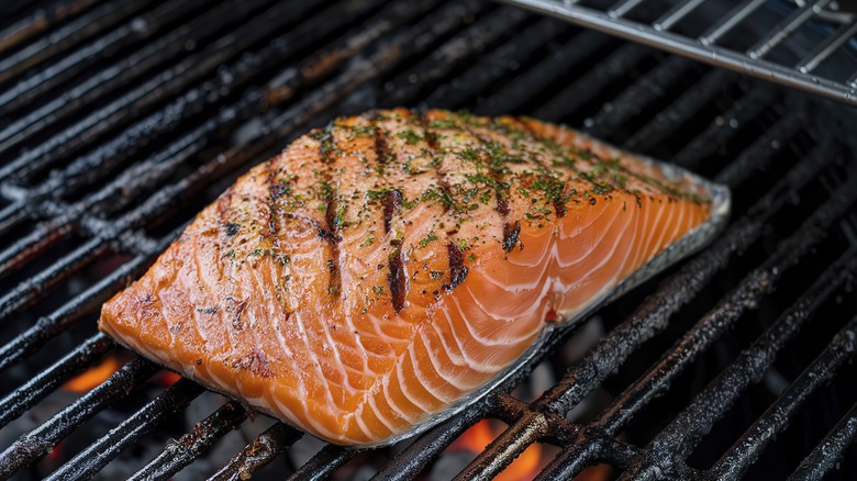 Salmon fillet on a grill with light seasoning