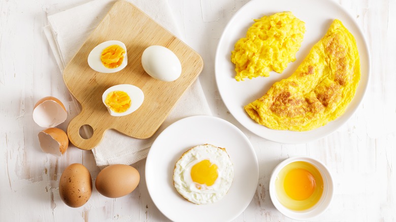 raw, fried, boiled, scrambled eggs