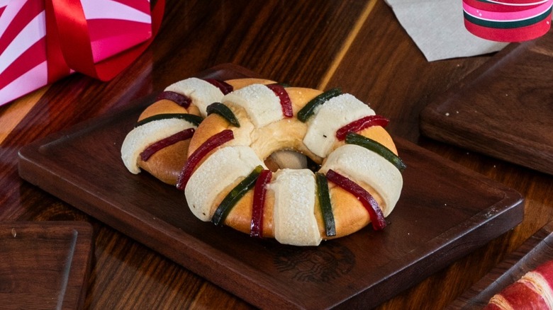 Two Rosca de Reyes pastry breads on wood table from Starbucks Mexico