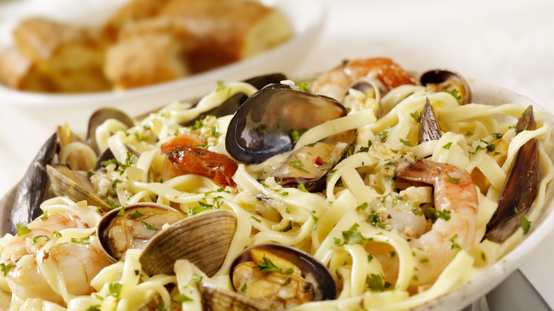 seafood pasta in a bowl