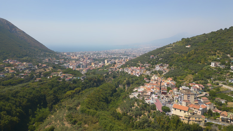 Gragnano, a historic Italian municipality in the metropolitan city of Naples, world-renowned as the "City of Pasta," on a hazy day.