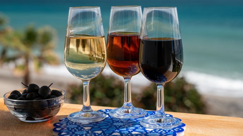 Three glasses of assorted sherry
