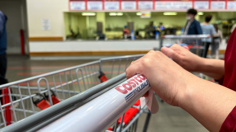 Hands grip the handle of a Costco shopping cart