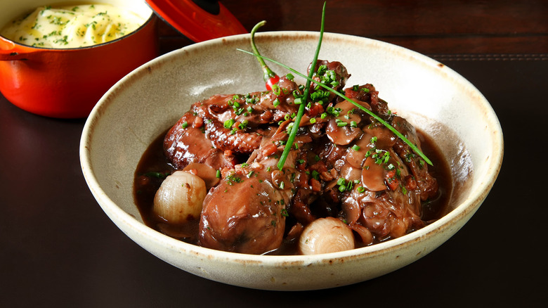 French coq a vin made with chicken and red wine