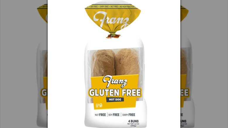 A package of Franz Gluten Free hot dog buns against a white background