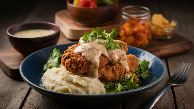fried chicken with mashed potatoes