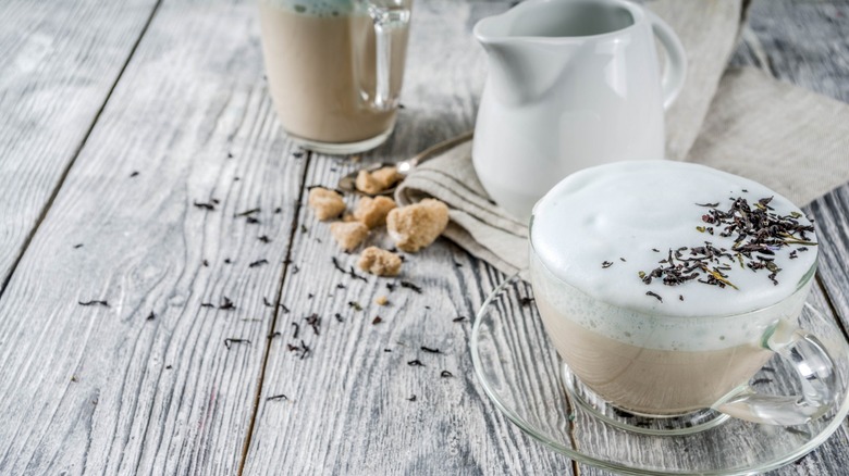 London Fog latte in a glass cup