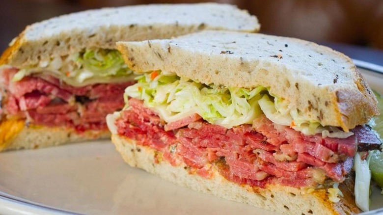 Pastrami sandwich with coleslaw on rye bread