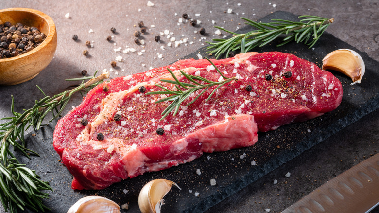 A close up of a marbled high end cut of steak