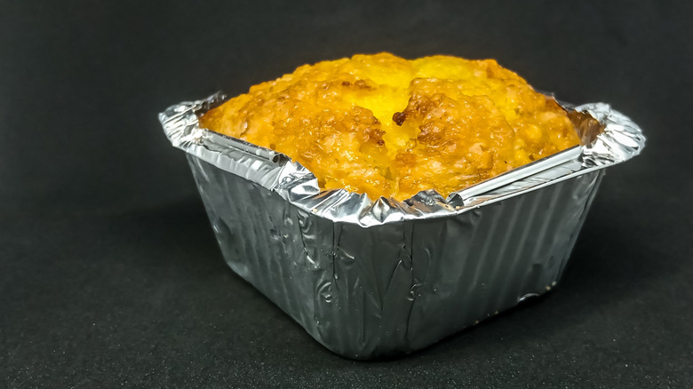 Cornbread cake cooked in a tin foil oven tray