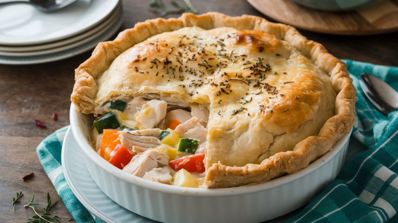 A chicken pot pie on a wooden table