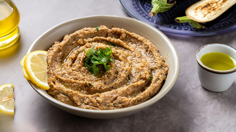 Baba ganoush in white bowl