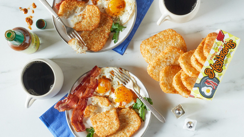 Breakfast plates made with Trader Joe's Hashbrowns.