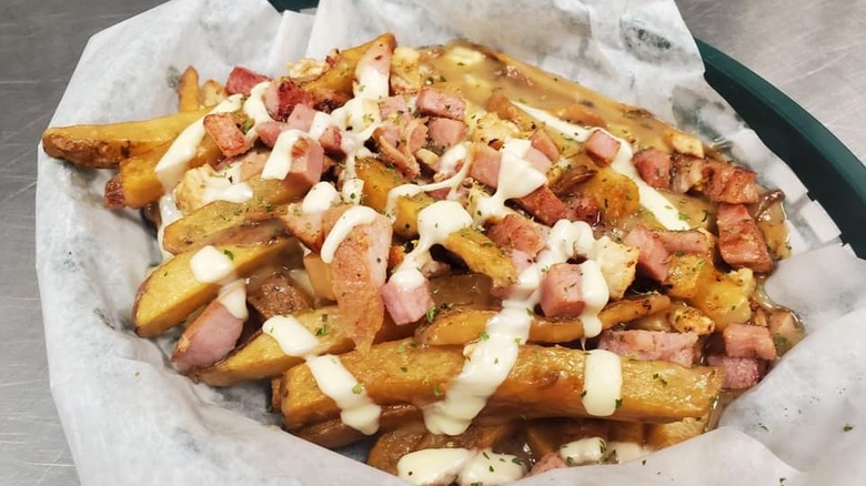 homemade fries and poutine in sauce wrapped in paper on a plate