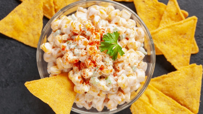 Elote dip with tortilla chips