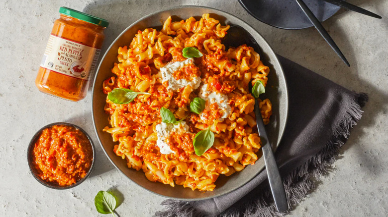 Trader Joe's Roasted Red Pepper and Almond Pesto pasta