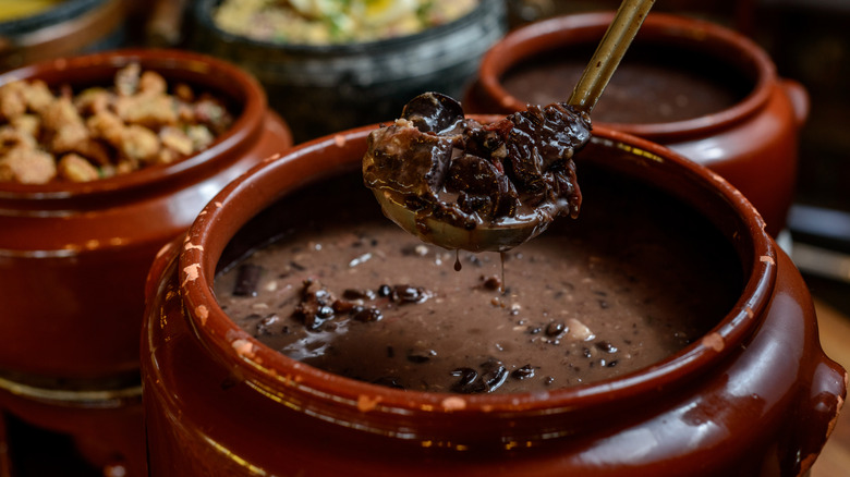 Ladle scooping traditional Brazilian feijoada bean stew out of a large pot