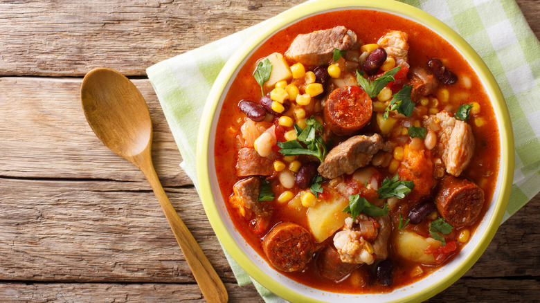 Overhead view of Cachupa stew with meat and vegetables