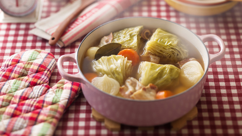 French pot-au-feu stew with cabbage, veggies, and meat