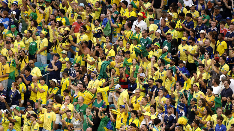 Wide shot of Brazil fans cheering at the 2026 World Cup