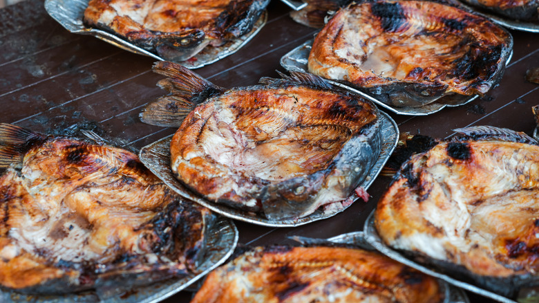 Metal trays of traditional Iraqi Masgouf fish